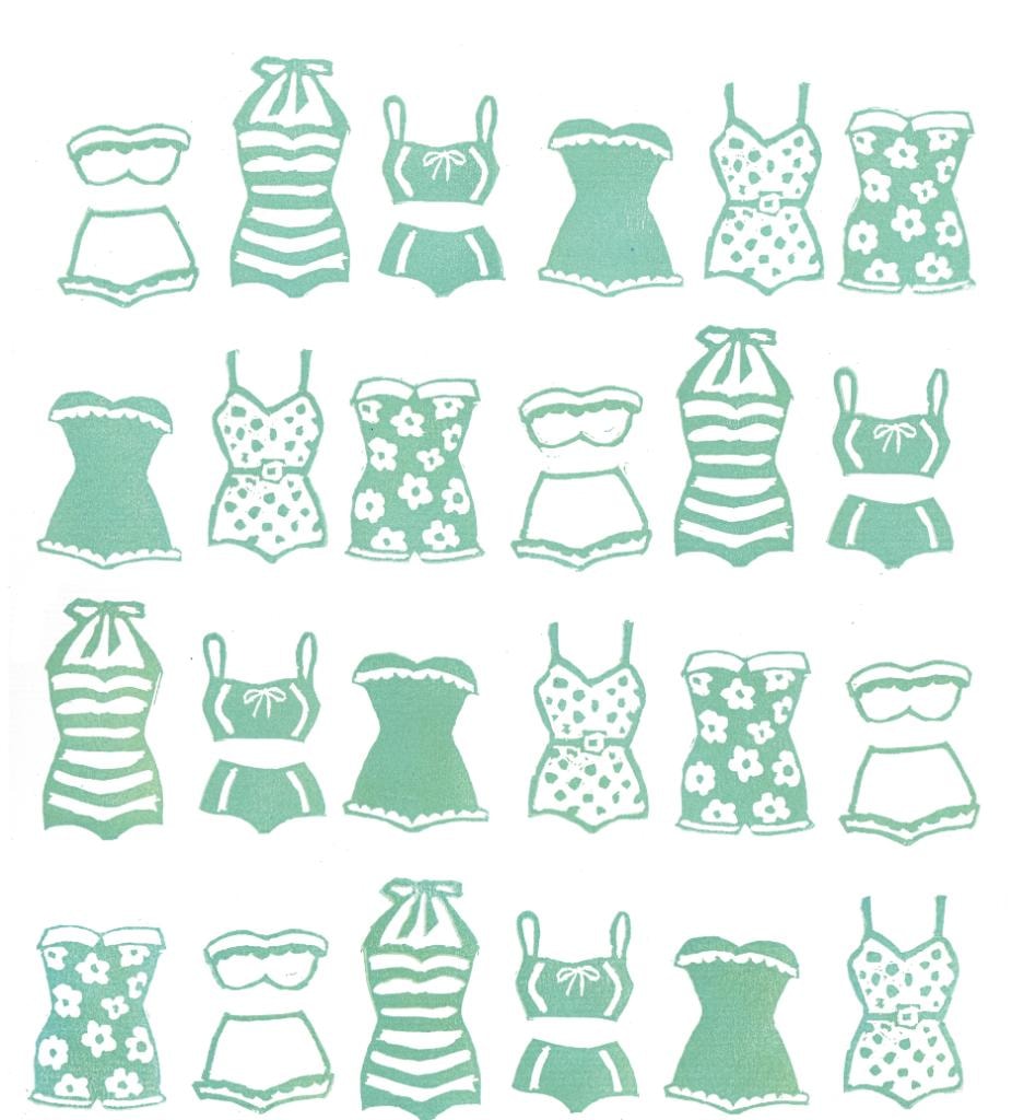 Green bathing suits linoleum print — Sea & Scales