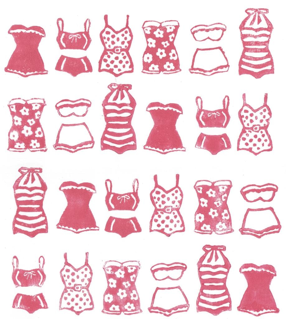 Pink bathing suits linoleum print — Sea & Scales