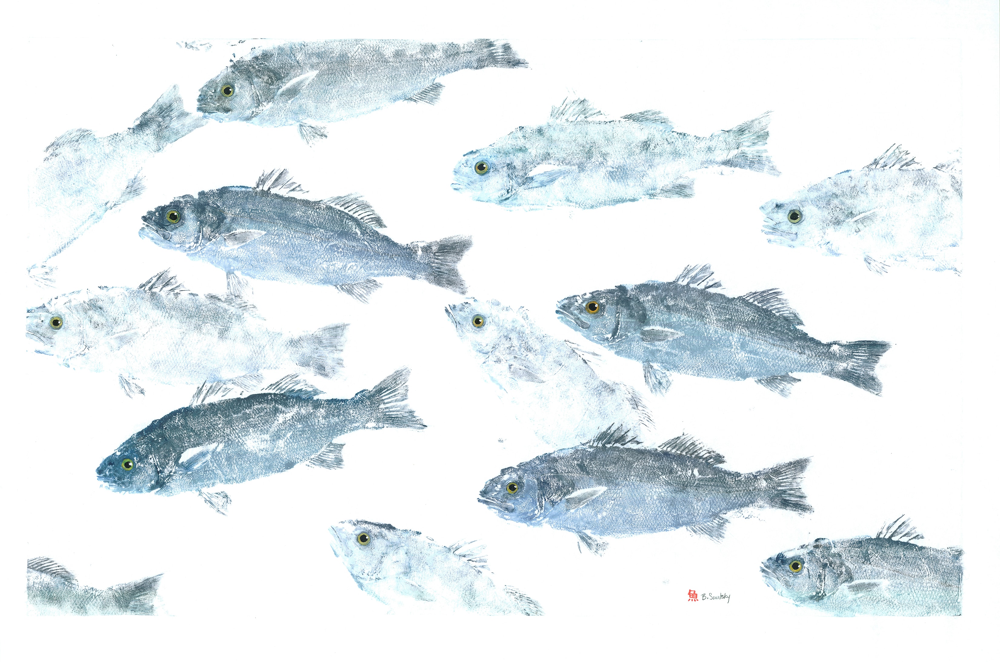 Branzino School — Gyotaku school print by Bridget Sawitsky