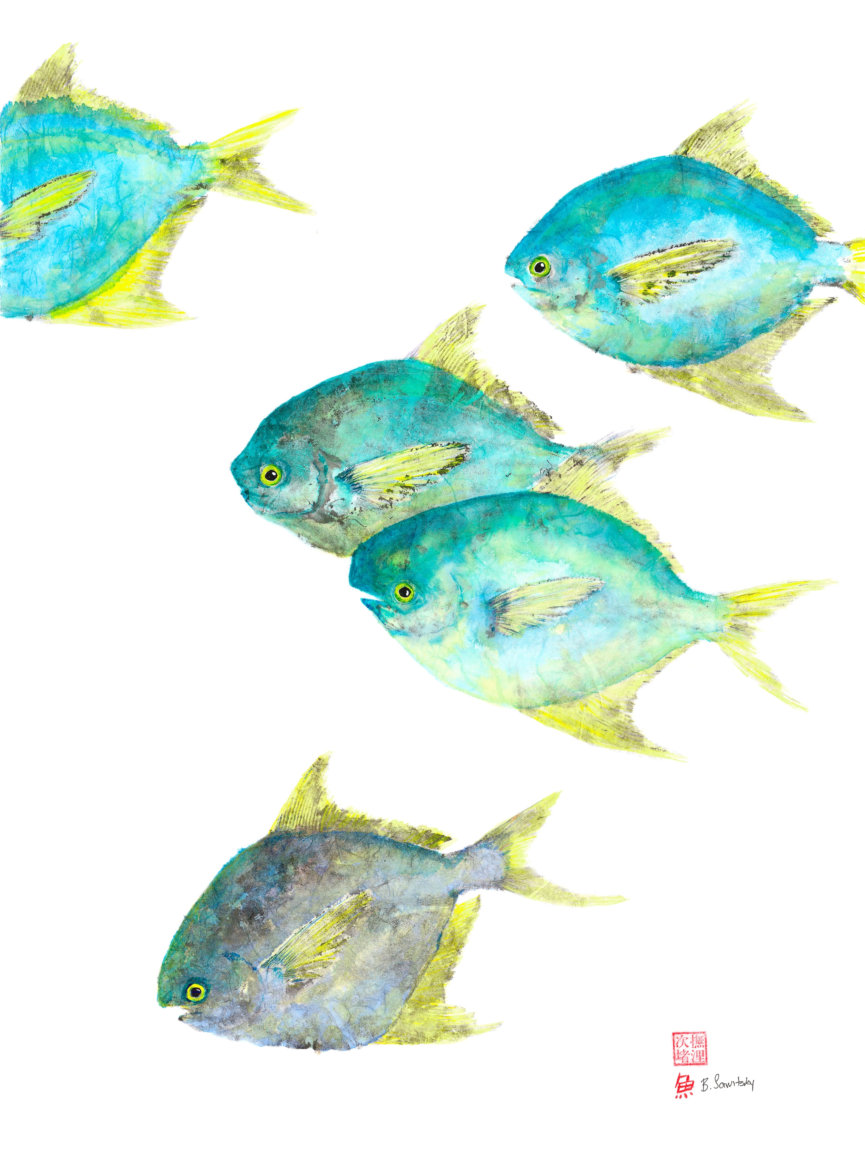 Colorful Pompano School — Gyotaku school print by Bridget Sawitsky