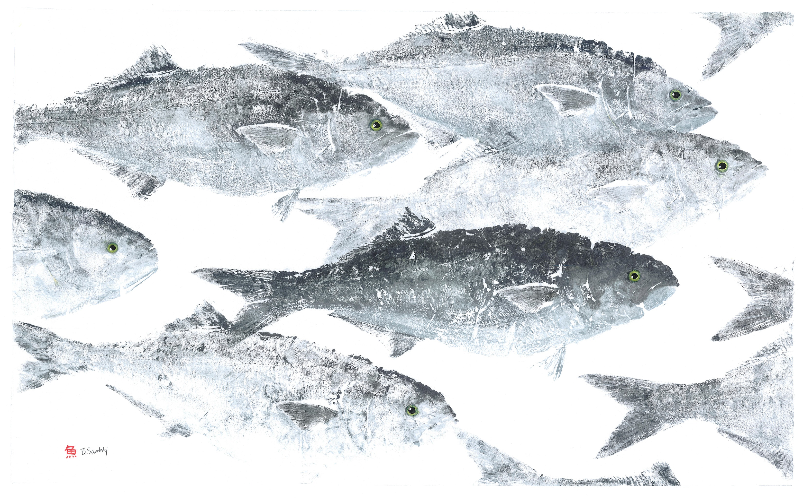 Large Blue School — Gyotaku school print by Bridget Sawitsky