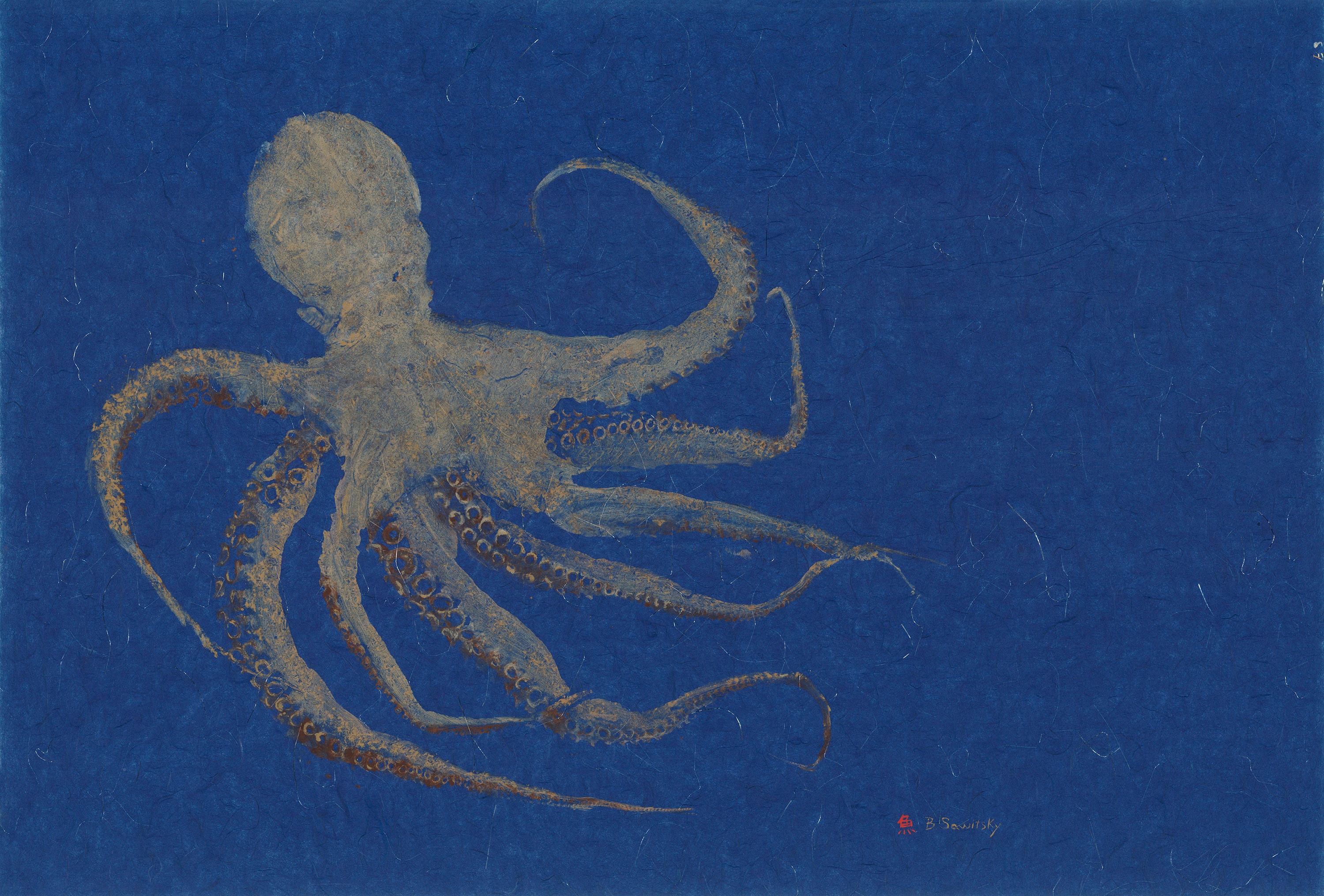 Octopus on Blue Paper — Gyotaku print by Bridget Sawitsky