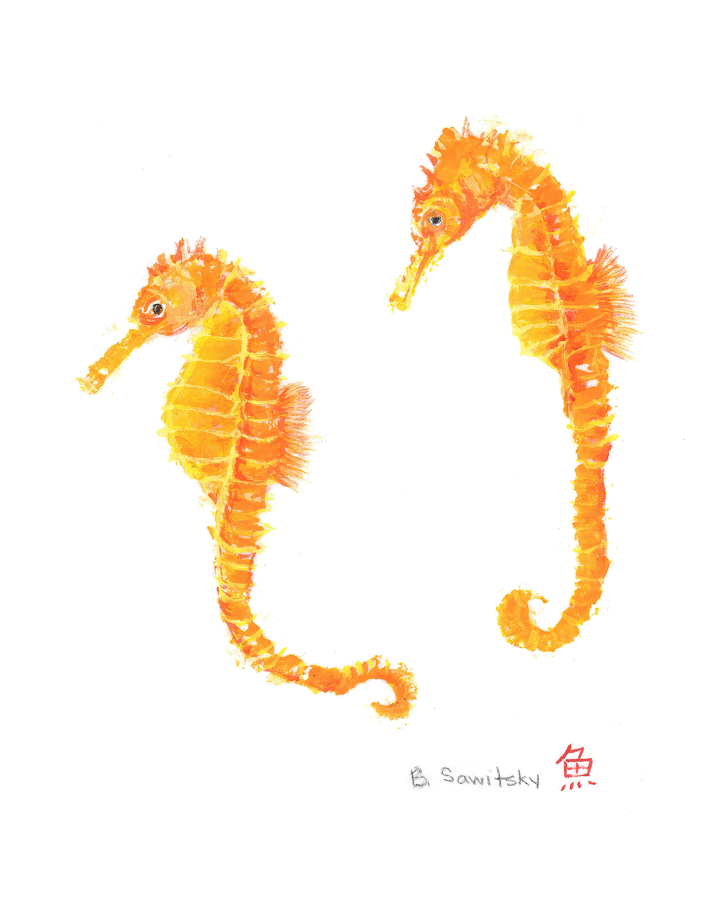Seahorses (orange) — Gyotaku print by Bridget Sawitsky