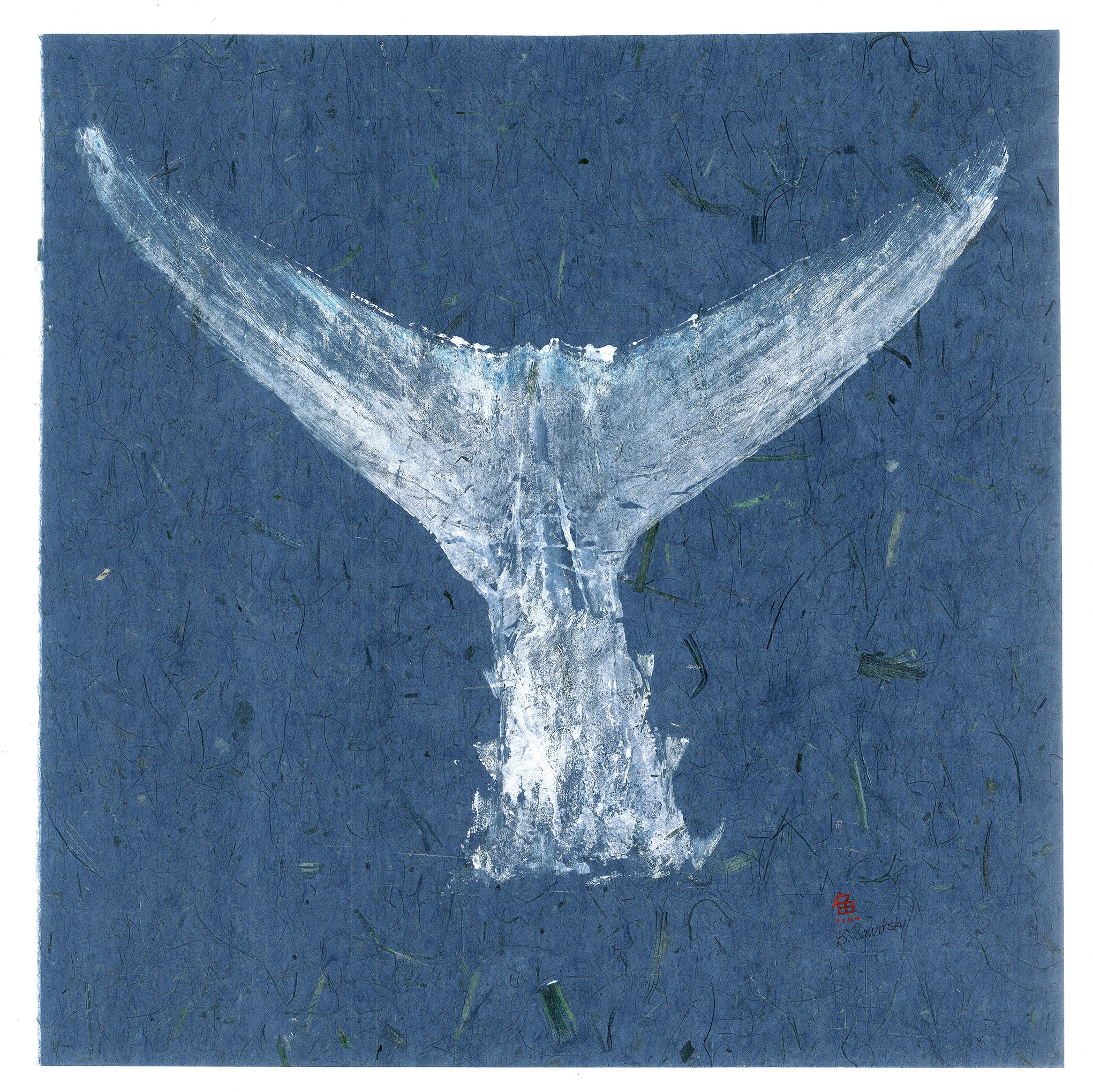 Tuna Tail on Blue — Gyotaku print by Bridget Sawitsky