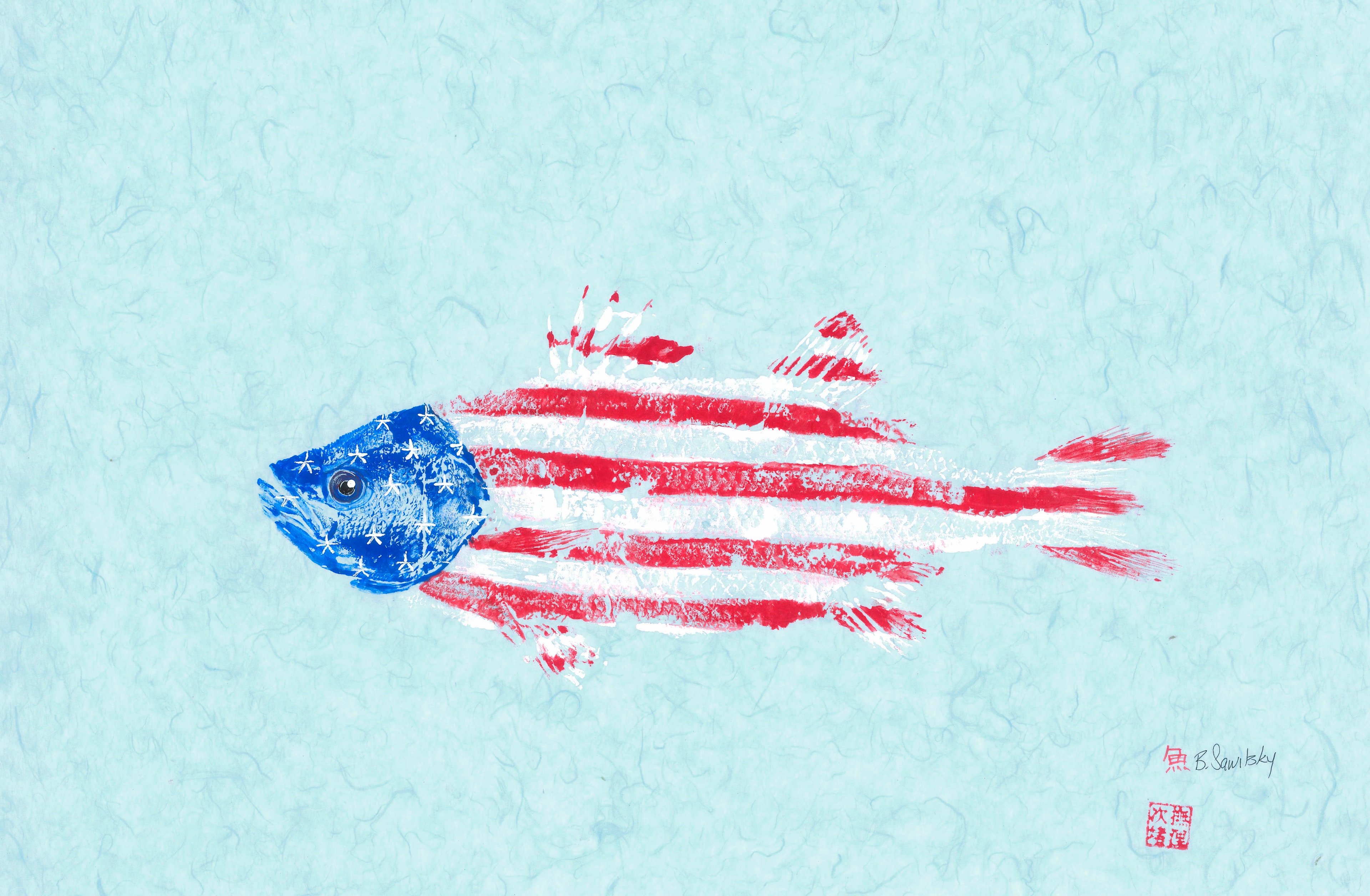 USA Flag Fish (blue paper) — Gyotaku print by Bridget Sawitsky