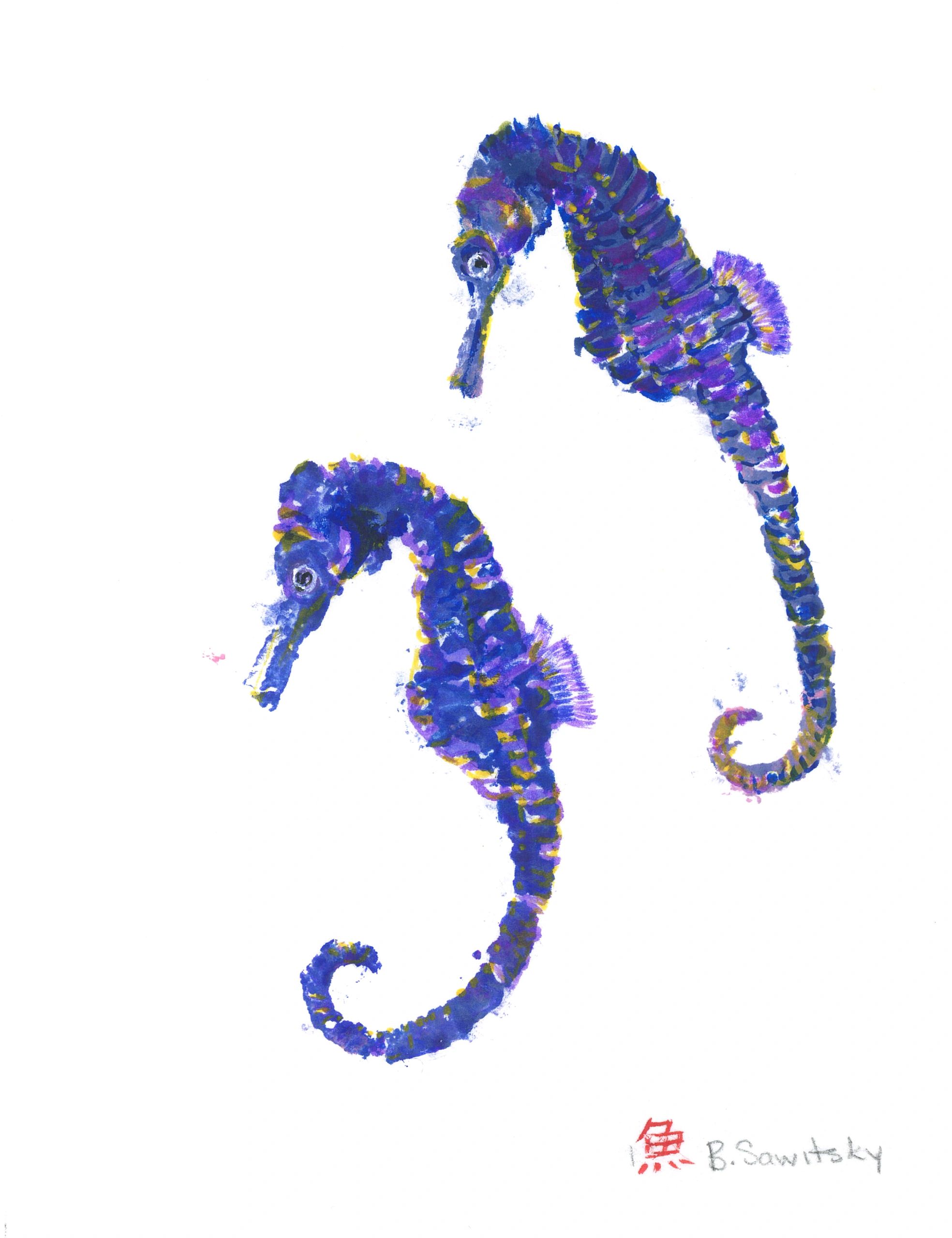 Purple Seahorses — Gyotaku giclee print by Bridget Sawitsky